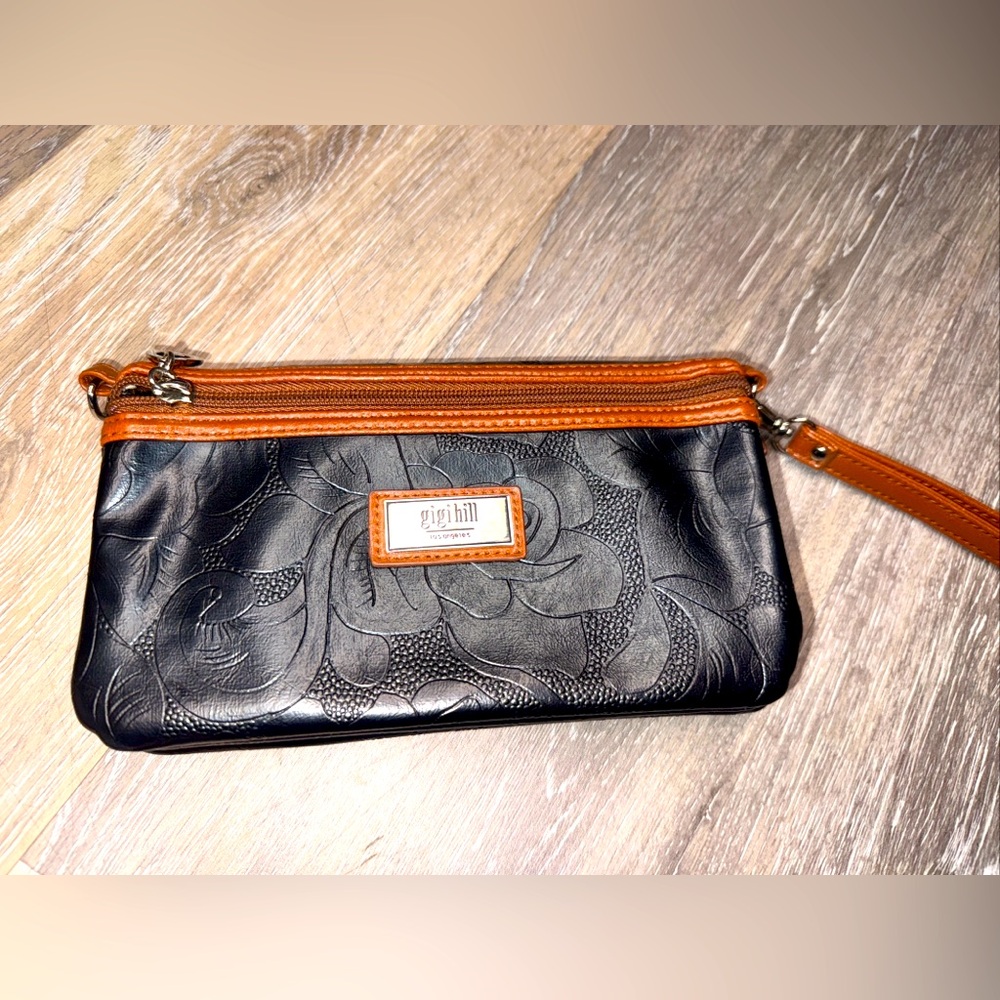 GiGi Hill Bag black/brown sling bag leather size 6H X 8L organizer sling/clutch